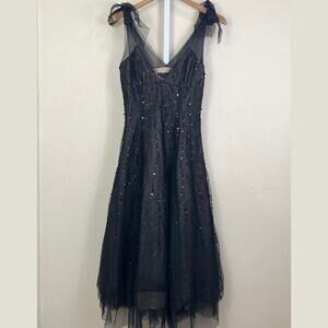 BCBGMaxAzria Beaded Tulle Fit & Flare Midi Gown Dress Womens Size 6 Black